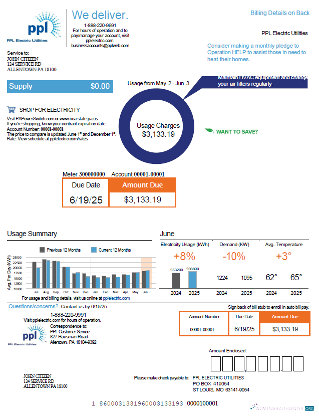 download USA PPL Electric utility bill template in Word and PDF formats, version 2 PDF template